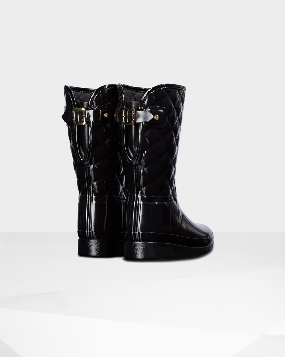 Womens Short Rain Boots - Hunter Refined Slim Fit Adjustable Quilted (27MFXLWHK) - Black